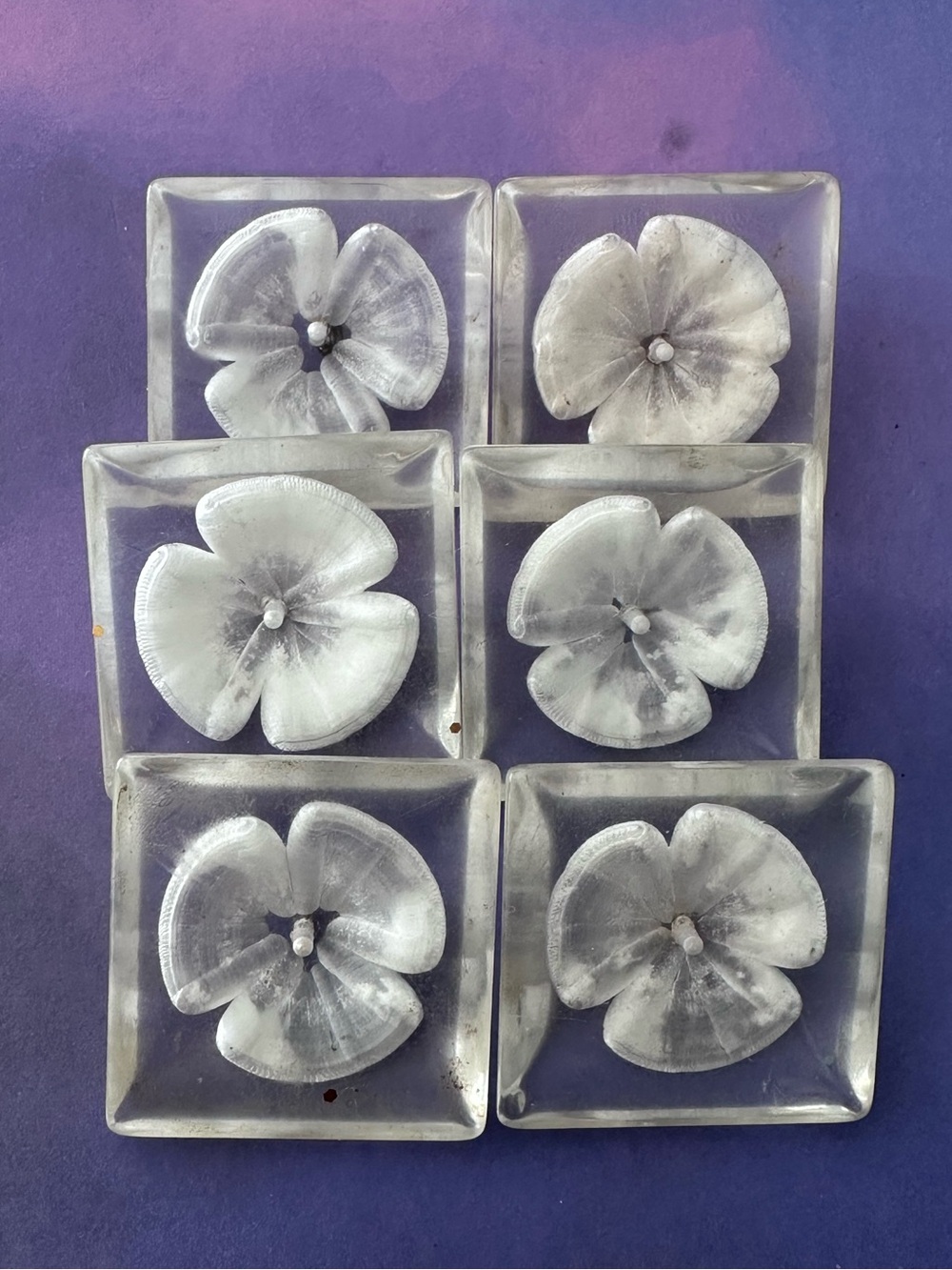 6 Large Thick Vintage Lucite Button - 3 Dimensional Reverse Carved Flower Design